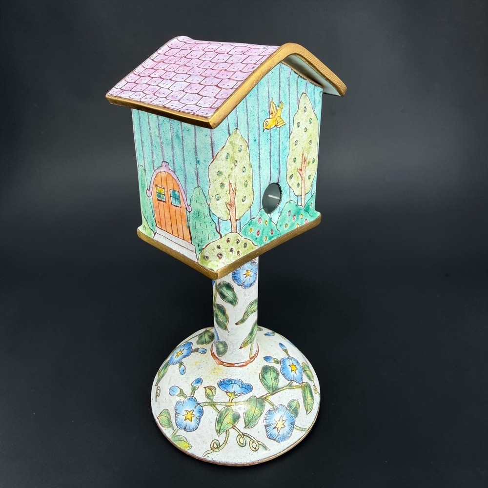 Empress Arts 1999 Enameled Birdhouse Trinket Box Morning Glories Floral 4" Tall
